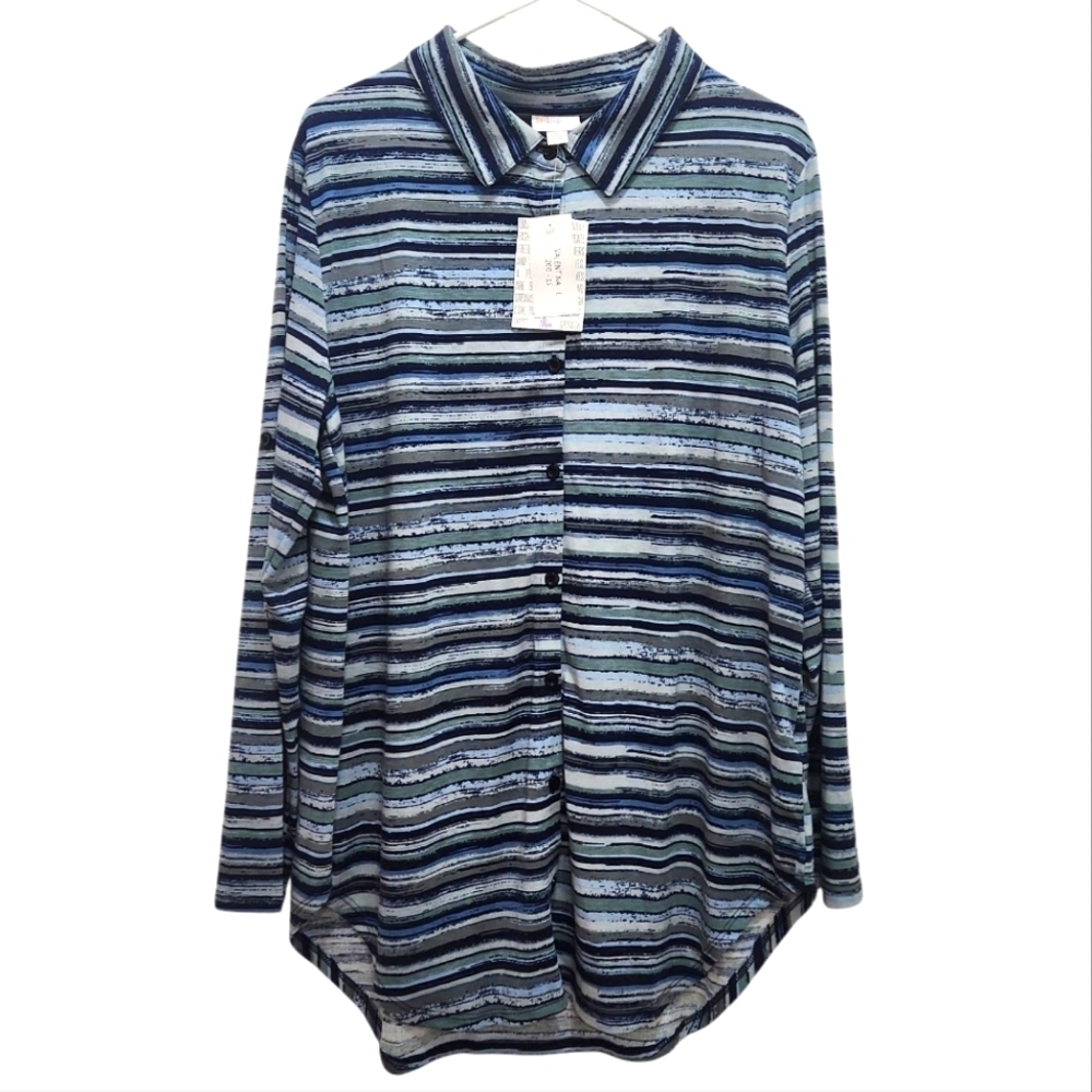 NWT LuLaRoe Valentina Long Sleeve Button Up Blue Gray Paintbrush Strokes Size L